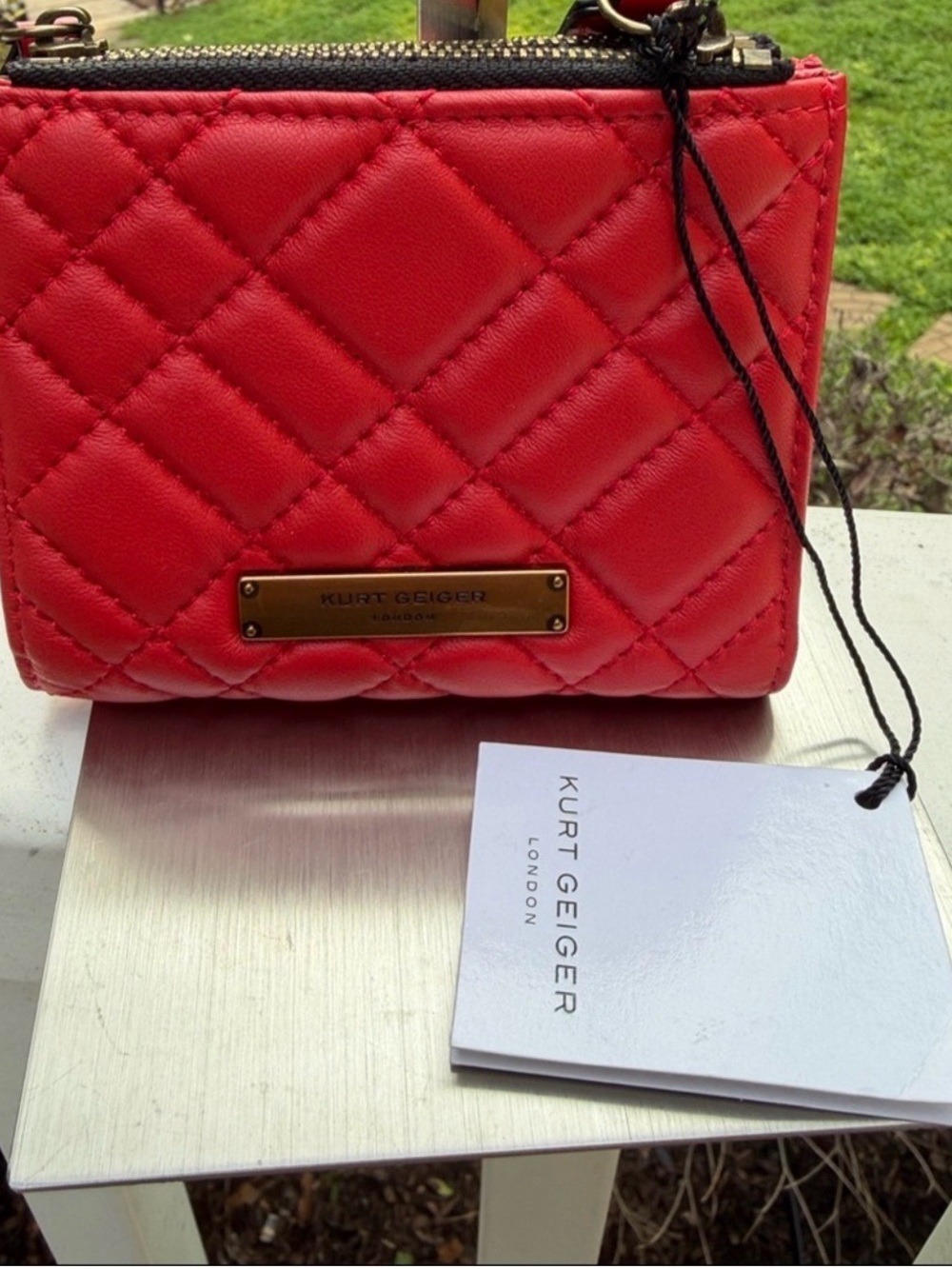 Kurt Geiger Quilted Coral Red Mini Crossbody with Gold Plaque